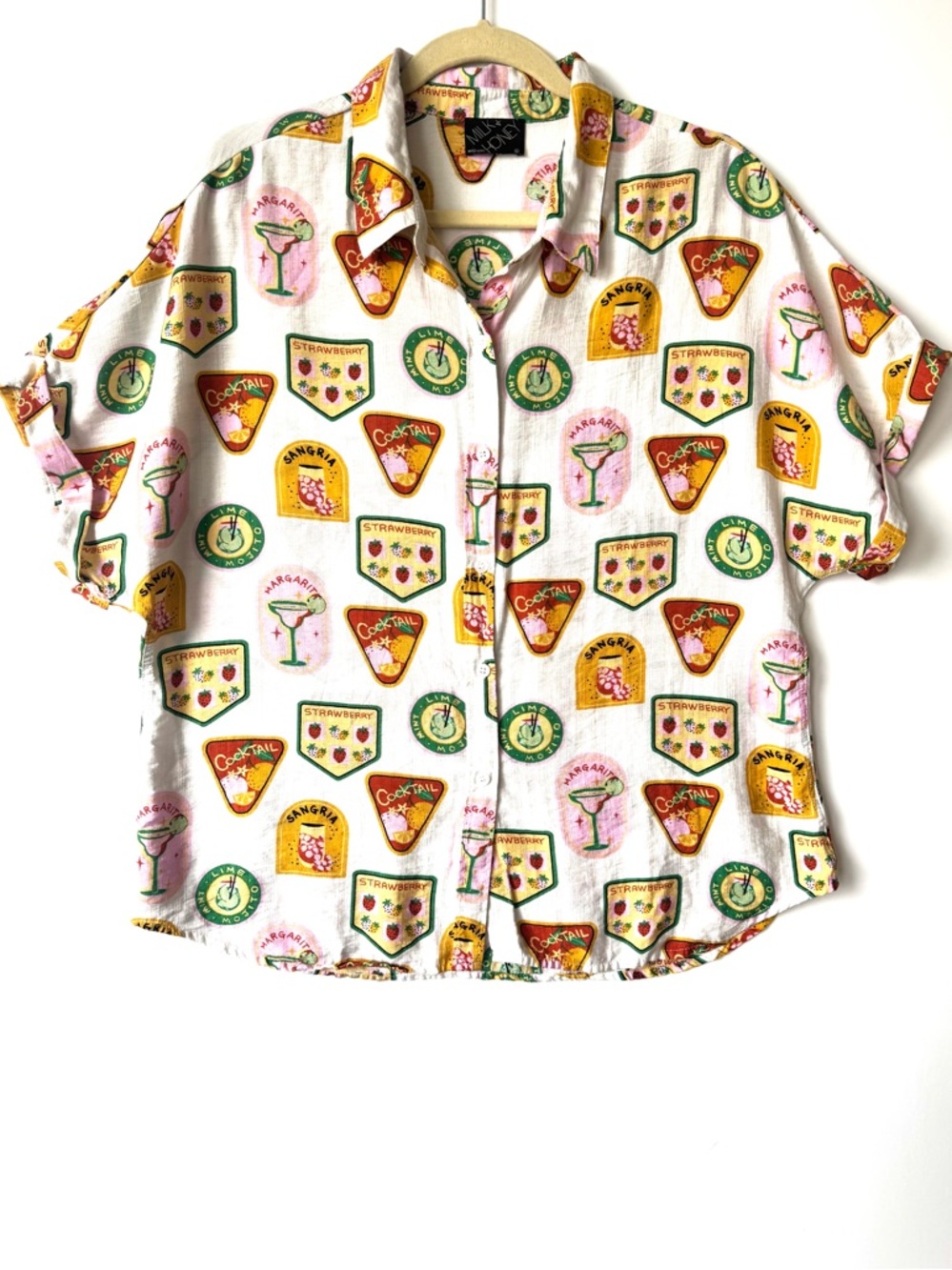 Milk & Honey cocktail novelty print button front shirt